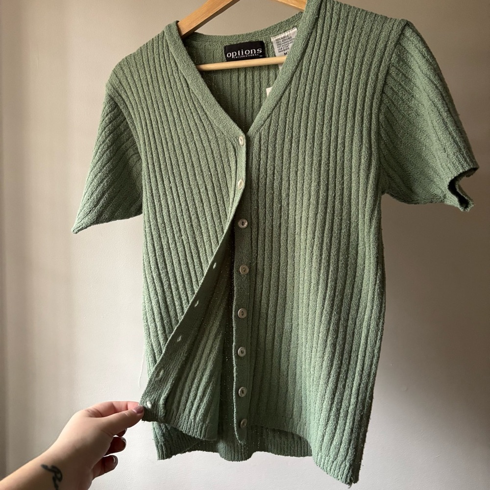 1990s Vintage Sage Green Ribbed Button-Up Cardigan